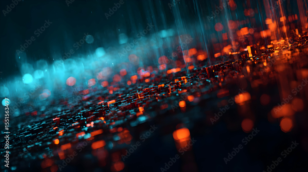 Poster abstract technology background featuring glowing orange and blue lights with bokeh effects creating 