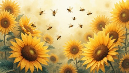 Fototapeta premium Sunflowers Bloom in Golden Light as Bees Gather Nectar in a Vibrant Field