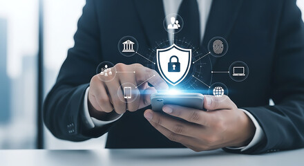 Businessperson using a smartphone with cyber security and data protection icons