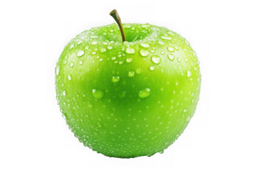 Fresh green apple with water droplets close-up photography, fruit still life, healthy eating, isolated on transparent background