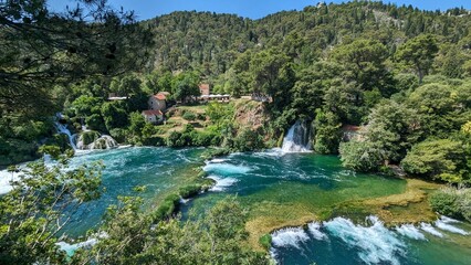 river, water, nature, mountain, landscape, stream, forest, waterfall, rock, mountains, green, sky,...