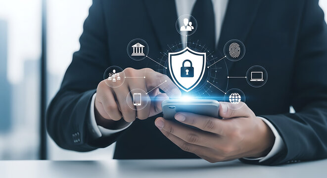 Businessperson using a smartphone with cyber security and data protection icons