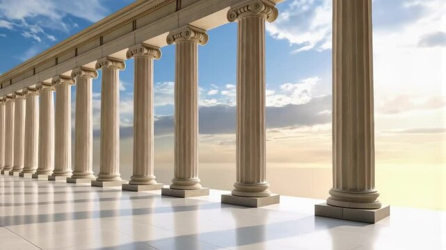 Classic Architecture Detail with Ionic Columns in Bright Sunlight Against a Blue Sky with Soft Clouds and a Polished Marble Floor