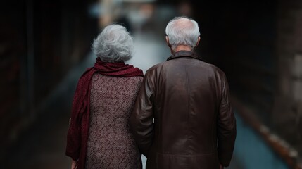 An elderly couple walks hand-in-hand through a tranquil pathway, representing love, companionship, and the beauty of enduring relationships in life’s later years together.