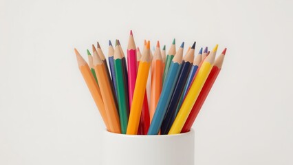 Fototapeta premium Colorful assortment of pencils in a white cup, creating a vibrant artistic vibe.