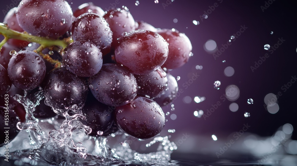 Poster an artistic representation of fresh grapes splashing into water, capturing the essence of movement, 