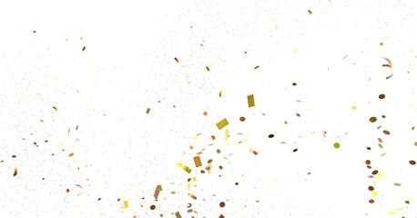 Abstract image of gold confetti falling on white. Perfect for celebrations, parties, and festive designs.