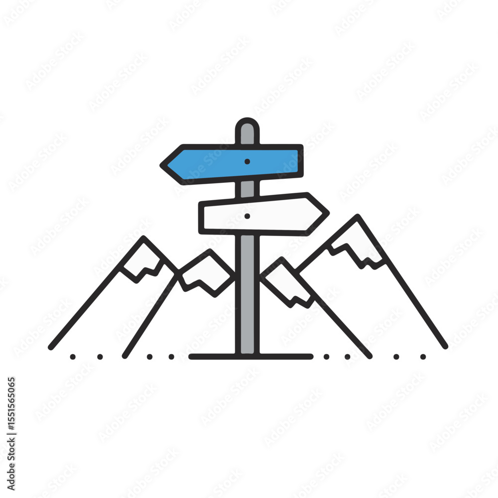 Poster signpost with three arrows indicating different directions in a mountain range.