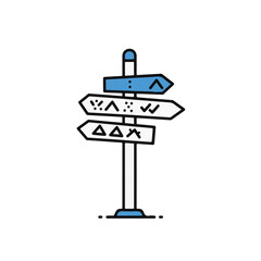 Blue signpost with waymarks direction over white background.