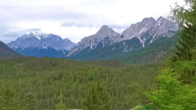 Panoramic view Zugspitze mountain alpine landscape in Alps Tyrol Austria.