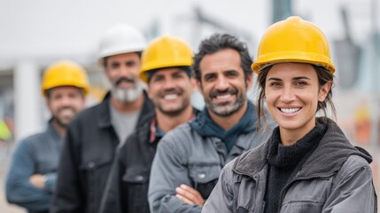 Smiling group of skilled laborers standing in line at factory site, teamwork and craftsmanship.