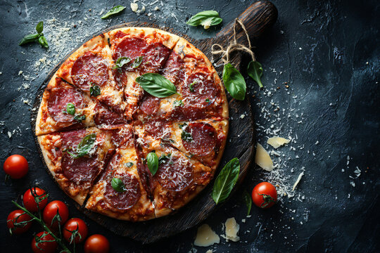 Pizza salami with basilia leaves, decorated with tomatoes on black background.