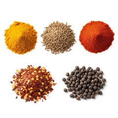 A vibrant assortment of spices in various colors, featuring turmeric, cumin, paprika, red chili flakes, and black pepper.