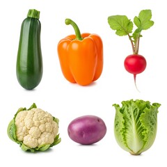 A vibrant arrangement of assorted fresh vegetables, including zucchini, bell pepper, radish, cauliflower, purple potato, and lettuce.