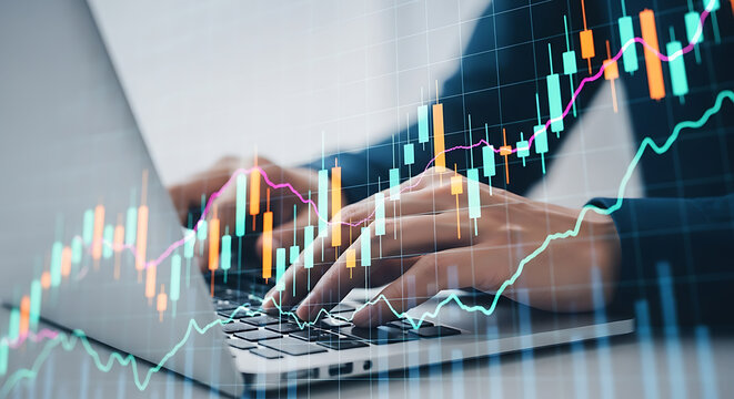 Investor analyzing stock market charts and data on a laptop computer screen. - Powered by Adobe