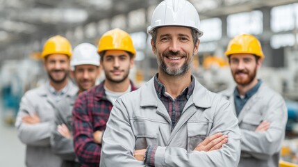 Team of workers standing together in modern factory, confident and professional atmosphere.