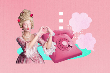 Contemporary art collage of happy manager duchess girl stand retro telephone handset telemarketing...