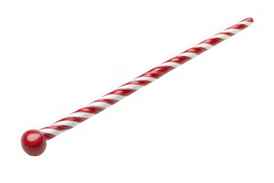 Festive red and white striped candy cane stick with ball end christmas holiday decoration isolated on transparent background