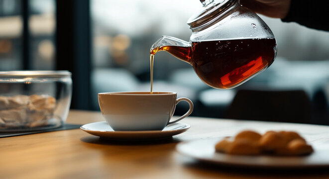 Pouring honey into a cup of steaming tea at a cozy cafe