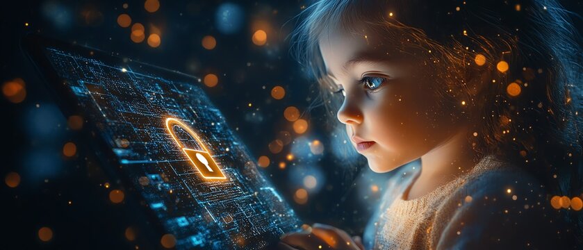 ittle child with tablet, watching glowing padlock, safe digital space, secure internet symbols, bright futuristic design, serene atmosphere, highdefinition