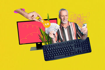 Exclusive artwork banner creative collage of happy businesswoman businessman stand office pc...