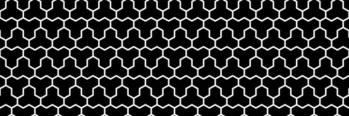 horizontal seamless black and white hexagon tile and textile pattern for design.