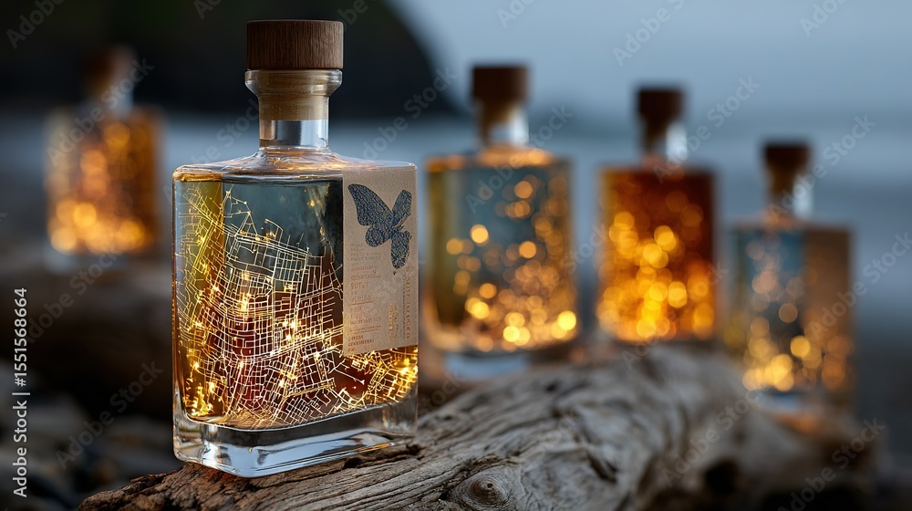 Poster a cluster of bottles resting on a log near the water's edge, illuminated by lights