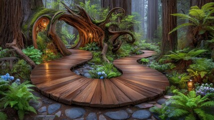 Obraz premium A wooden pathway winds its way invitingly through a peaceful and serene forest landscape setting