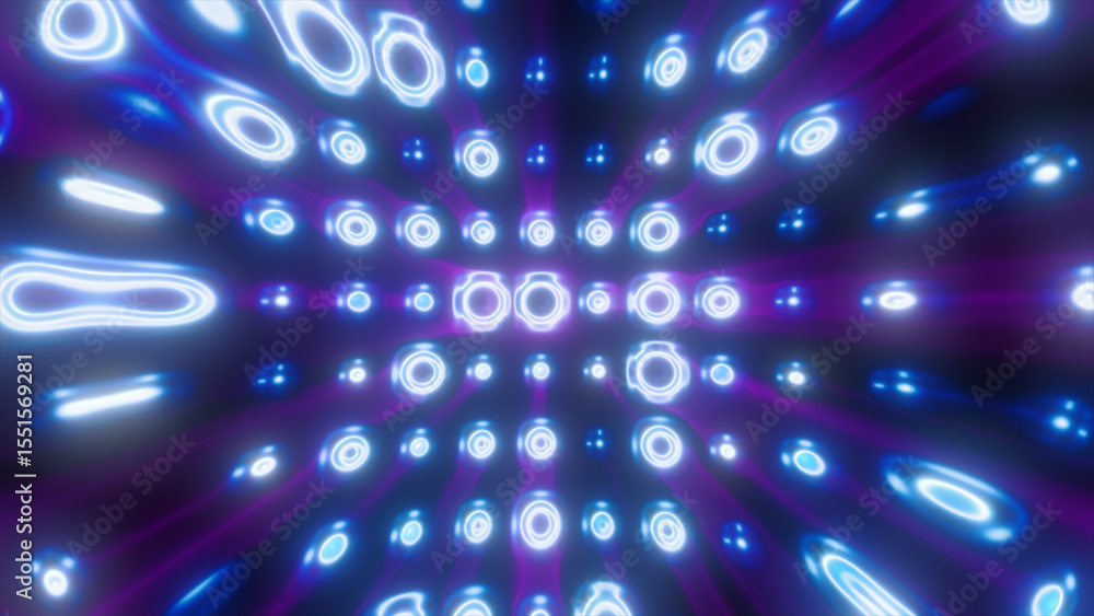 Poster vibrant array of glowing blue and purple neon rings extending in a digital grid with surreal light d