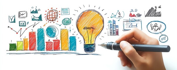 Detailed sketches of strategic business ideas with graphs and icons by hand on a white background, emphasizing planning and professional work, modern educational style