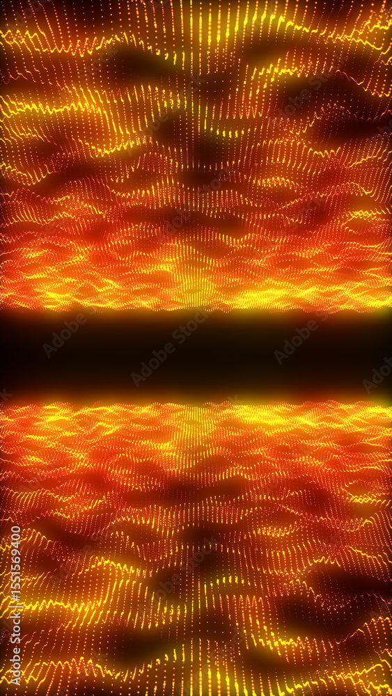 Poster abstract glowing waves of orange and yellow particles forming symmetrical digital patterns