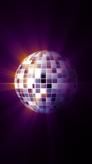 Stylized disco mirror ball emitting purple light rays in dark background