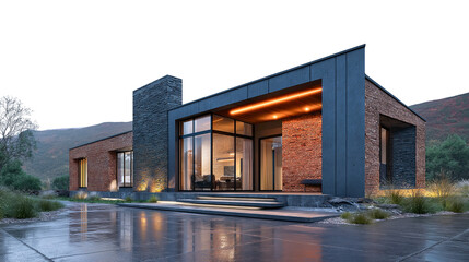 Fototapeta premium Elegant brick-and-metal residential house with high elevation and surrounding natural hills