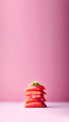 A vibrant pink background highlights a beautifully arranged stack of raw salmon fillets. Ideal for a vertical social media story or reel about healthy fish and omega-rich seafood