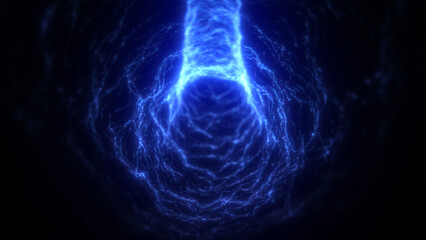Bright electric blue light particles forming a digital tunnel with flowing motion and vibrant intensity