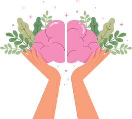 hands holding a brain with mental health of positive thinking, Good health care vector illustration. Concept of mental health. 