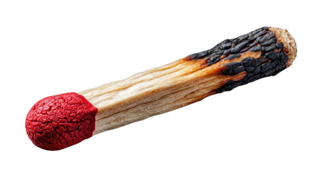 Burnt Match: A detailed close-up of a spent matchstick, the head consumed by fire and ash, offering a visual metaphor for the ephemeral nature of time and existence.