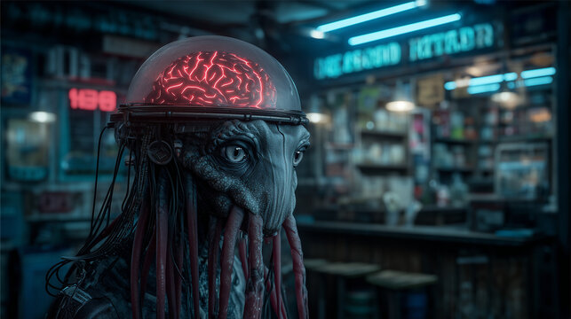 Futuristic alien creature with tentacles and visible brain in a neon lit cyberpunk bar, blending sci fi and fantasy.