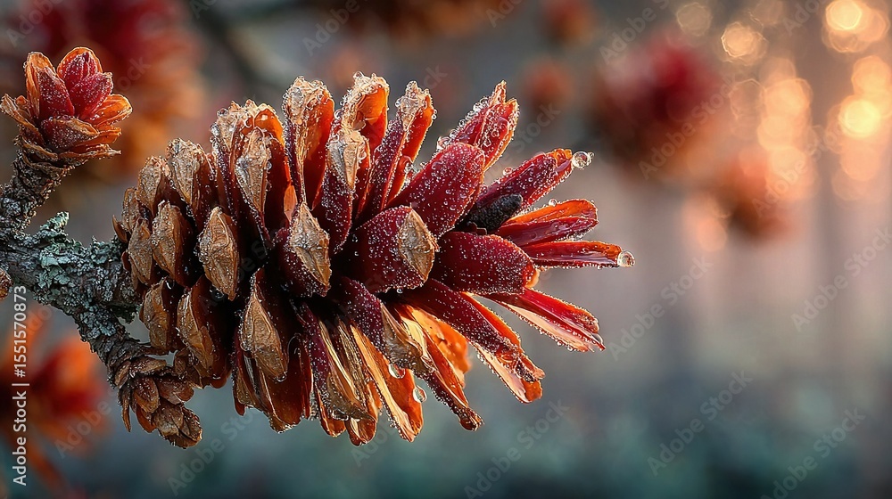 Poster a focused image of a pine cone on a tree limb with droplets of water on its foliage and an out-of-fo