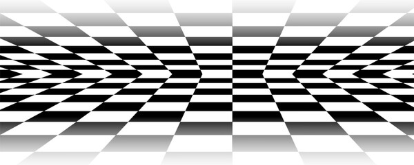 Chess perspective floor background. Black and white chessboard perspective floor texture. Checker board pattern surface. Fading away vanishing checkerboard background. Abstract vector illustration.
