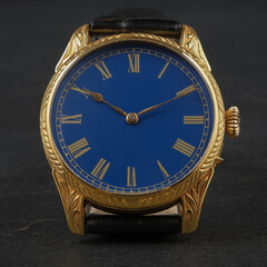High-resolution close-up image of a luxurious wristwatch with a gold carved case and vivid blue...