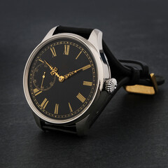 High-resolution studio image of a sophisticated wristwatch with a black dial, gold Roman numerals,...