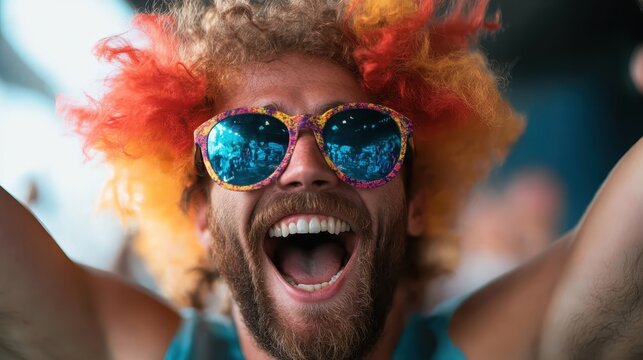 A vibrant young man with multicolored hair and sunglasses exuberantly celebrates, capturing the essence of joy, excitement, and the thrill of a lively party atmosphere.
