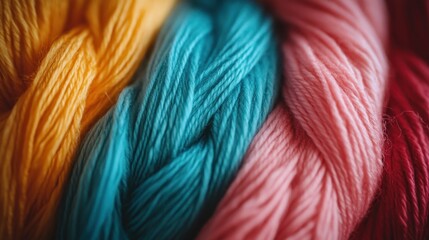 A vibrant display of colorful yarns, showcasing yellow, turquoise, pink, and red options perfect for knitting and crochet projects, appealing to crafters and hobbyists.