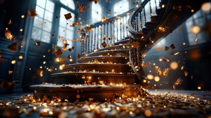 An enchanting staircase filled with floating lights and butterflies creates a magical atmosphere, evoking feelings of wonder and curiosity, suggesting a journey of discovery.