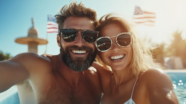 A happy couple enjoys a sunny day by the pool, smiling and embracing, surrounded by palm trees and the warmth of summer, radiating love and joy.