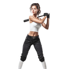 Female athlete holding baseball bat, wearing white tank top, black pants, and gloves, standing in ready position with focused expression, isolated on transparency background