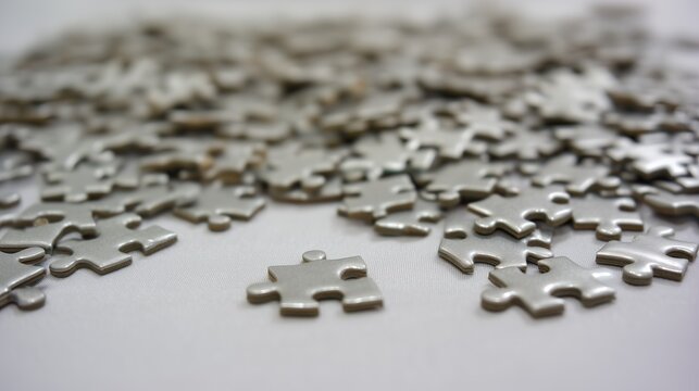 Scattered puzzle pieces lie on table waiting to be assembled into - Powered by Adobe