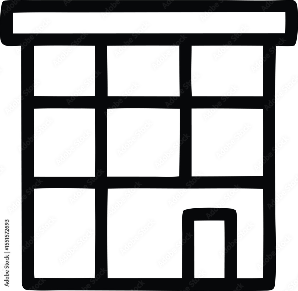 Aufkleber simple black and white line drawing of a multi story building with multiple windows and a door