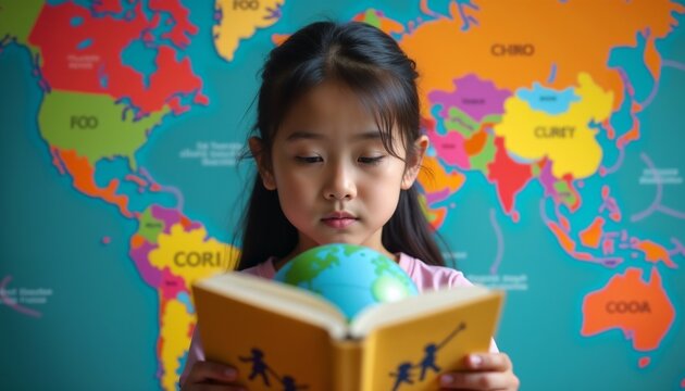 Young Asian girl reading a book while holding a globe. A colorful world map is visible in the background, emphasizing education and exploration.